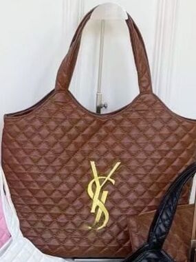 Quilted Brown Tote with Gold Monogram Accent